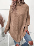 deanwangkt Solid Turtle Neck Pullover Sweater, Casual Batwing Sleeve Asymmetrical Hem Sweater, Women's Clothing