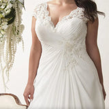 V-neck Cap Sleeves Plus Size Wedding Dresses Chiffon Appliqued Lace Open Back Drape Side Ruched Bodice Bridal Gown