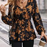 Floral Print V Neck Blouse, Casual Lantern Sleeve Tie-waist Button Decor Blouse, Women's Clothing