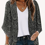 Paisley Print Coverup Kimono, Casual Open Front 3/4 Sleeve Blouse, Women's Clothing