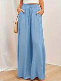 Solid Drawstring Culottes, Casual Wide Leg Summer Pants With Pockets, Women's Clothing