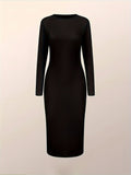 Split Solid Bodycon Dress, Casual Crew Neck Long Sleeve Midi Dress, Women's Clothing