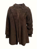 Open Front Hoodie Plush Coat, Long Sleeve Teddy Outerwear For Fall & Winter, Women's Clothing