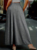 Plus Size Elegant Skirt, Women's Plus Solid Drawstring High Rise Medium Stretch Maxi Skirt