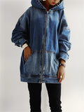 Long Sleeves Hooded Denim Jacket, Full Zipper With Front Pocket Denim Coat, Women's Clothing