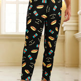 Men's Trendy Hamburger Soda Drinks Print Loose Pajama Pants, Stylish All-match Pants, Comfy & Breathable For Summer