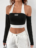 deanwangkt  Color Block Halter Neck T-Shirt, Casual Backless Long Sleeve Crop Top, Women's Clothing