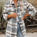 Stylish Plaid Button Down Long Sleeve Jacket, Loose Lapel Plaid Jacket, Women's Clothing