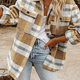 Stylish Plaid Button Down Long Sleeve Jacket, Loose Lapel Plaid Jacket, Women's Clothing