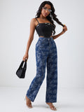 Leaf Print Chic Straight Jeans, Loose Fit Non-Stretch High Waist Denim Pants, Women's Denim Jeans & Clothing