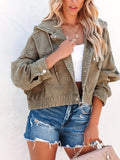 Plain Drawstring Hooded Denim Jackets, Long Sleeves Flap Pockets Cropped Denim Coats, Women's Denim Clothing