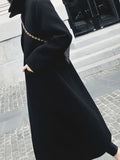 Solid Lapel Mid Length Overcoat, Elegant Long Sleeve Winter Outerwear, Women's Clothing