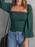 Solid Lantern Sleeve Blouse, Square Neck Long Sleeve Blouse, Casual Every Day Tops, Women's Clothing