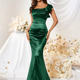 Elegant All-Season Solid Color Bodycon Mermaid Dress - Extra-Long with Chic Bow & Square Neck, Perfect for Parties and Banquets