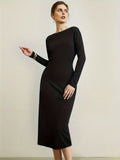 Split Solid Bodycon Dress, Casual Crew Neck Long Sleeve Midi Dress, Women's Clothing