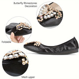 KUNWFNIX Sparkling Pointed-Toe Ballet Flats - Rhinestone Embellished, Foldable Soft TPR Sole, Microfiber Artificial Leather Upper, Sequin Decorated, Slip-On Design for Comfortable Walking - Perfect for Summer and All-Season Wear