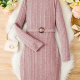 Teen Girls Rib Knitted Warm Bodycon Sweater Dress With Belt