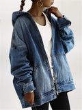 Long Sleeves Hooded Denim Jacket, Full Zipper With Front Pocket Denim Coat, Women's Clothing