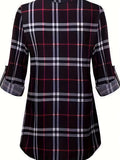 Plaid Print Notch Neck Blouse, Casual Long Sleeve Blouse For Spring & Fall, Women's Clothing