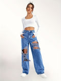 Ripped Straight Leg Loose Fit Jeans, High Rise Wide Legs Distressed Denim Pants, Women's Denim Jeans & Clothing