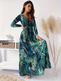 Leaf Print Long Sleeve Dress, Boho Plunge Neck Maxi Length Dress, Women's Clothing