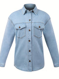 Blue Long Sleeves Denim Jackets, Flap Pockets Single-Breasted Button Lapel Denim Coats, Women's Denim Clothing