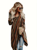 Striped Open Front Knit Shawl Cardigan, Elegant Tassel Trim Asymmetrical Mid Length Stylish Sweater, Women's Clothing