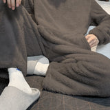 Men's Simple Style Solid Casual Pajamas Sets, Warm Flannel Lounge Wear, Long Sleeve Hoodies Pullover Top & Loose Pants