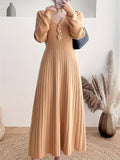 Button Front Solid Midi Dress, Elegant V Neck Long Sleeve Dress, Women's Clothing