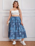 Plus Size Casual Skirt, Women's Plus Colorblock Denim Print Drawstring Elastic High Rise Slight Stretch Smock Maxi Skirt