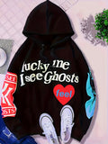 Lucky Me I See Ghosts Letter Graphic Casual Sports Sweatshirt For Halloween, Fashion Hip Hop  Pullover Hoodie, Women's Tops