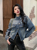 Long Sleeves Lapel Denim Coat, Flap Pockets Single Breasted Button Versatile Denim Jacket, Women's Denim Clothing