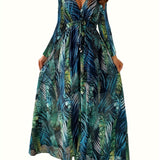 Leaf Print Long Sleeve Dress, Boho Plunge Neck Maxi Length Dress, Women's Clothing