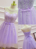 Solvbao Cute Light Purple Tulle Short Prom Dress, Lace Applique Formal Dress