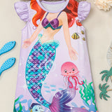 Girls Cartoon Mermaid Graphic Flutter Trim Crew Neck Knitted T-shirt Dress for Summer Party - Soft Slight Stretch Fabric, Machine Washable, Regular Fit, Portrait Pattern, Casual Style