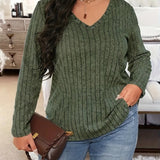 Plus Size Casual T-shirt, Women's Plus Ribbed Solid Long Sleeve V Neck Slight Stretch Top