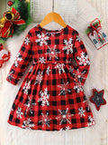 Snowflake & Christmas Plaid Print Girls Holiday Long Sleeve Dress - Comfy A-Line Party Casual Dresses, Spring/Fall Season