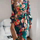 Allover Print Wrap Dress, Elegant V Neck Long Sleeve Dress, Women's Clothing