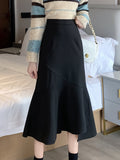 Solid High Waist Fashion Skirt, Elegant Ruffle Hem Midi Skirt, Women's Clothing