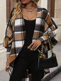 Plaid Print Open Front Cardigan, Batwing Cuff Sleeve Dipped Hem Cardigan For Spring & Fall, Women's Clothing