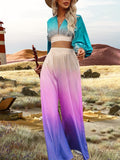 Holiday Color Block Two-piece Set, Lace Up Crop Top & Wide Leg Pants Outfits, Women's Clothing