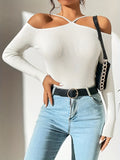 Ribbed Cold Shoulder Slim Sweater, Casual Long Sleeve Sweater For Spring & Fall, Women's Clothing