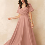 ALICEPUB Plus Size Wrap V-Neck Bridesmaid Dress Chiffon Long Maxi Formal Dress For Women Party Evening Short Sleeves