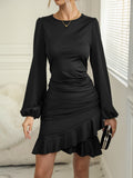 Ruffle Hem Ruched Dress, Elegant Solid Long Sleeve Dress, Women's Clothing