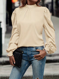 Mock Neck Puff Sleeve Blouse, Casual Solid Blouse For Spring & Fall, Women's Clothing