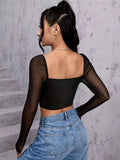 Sheer Lace Panel Cropped Top, Elegant Long Sleeve Twist Front Top, Women's Clothing