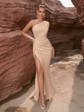 Elegant One Shoulder Bodycon Dress - Asymmetrical Neck, Micro Elasticity, Split Thigh, Polyester Material - Perfect for Wedding, Evening, Party, Occasion, Engagement, Ceremony, and All-Season Wear