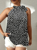 Plus Size Casual Top, Women's Plus Fluid Print Halter Neck With Tie Slight Stretch Top