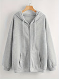 Hooded Casual Sports Fleece Sweatshirt, Solid Color Zipper Up Drawstring Hoodie, Women's Tops