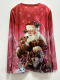 deanwangkt-1 Christmas Santa & Elk Print Crew Neck T-Shirt, Casual Long Sleeve Top For Spring & Fall, Women's Clothing
